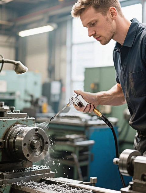 Man using Industrial Air Blow Gun with Brass Adjustable Air Flow Nozzle and 2 Steel Extension in workshop for dust cleaning