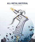 Industrial Air Blow Gun with Brass Adjustable Air Flow Nozzle and 2 Steel Extension shown in all-metal material.