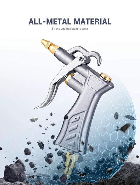 Industrial Air Blow Gun with Brass Adjustable Air Flow Nozzle and 2 Steel Extension shown in all-metal material.