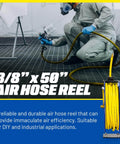 Retractable Air Hose Reel With 3/8 Inch By 50 Foot SBR Rubber Hose, Heavy Duty Industrial Steel, Single Arm Construction, Max 300 PSI, Premium Commercial Hose System For Shop Or Garage, Lead In Hose Not Included, shown with painter using hose in industrial setting