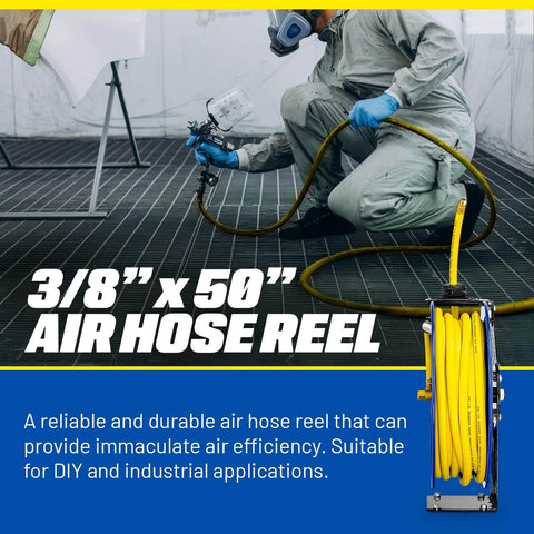 Retractable Air Hose Reel With 3/8 Inch By 50 Foot SBR Rubber Hose, Heavy Duty Industrial Steel, Single Arm Construction, Max 300 PSI, Premium Commercial Hose System For Shop Or Garage, Lead In Hose Not Included, shown with painter using hose in industrial setting