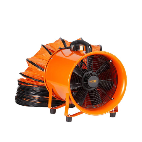 Industrial Portable Air Mover Blower Fan 12 Inch VEVOR 3198 CFM 585W with 33ft flexible duct in orange steel frame.