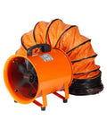 Industrial Portable Air Mover Blower Fan 12 Inch VEVOR 3198 CFM 585W with 33ft flexible duct, orange steel body.