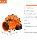 Industrial Portable Air Mover Blower Fan 12 Inch VEVOR 3198 CFM 585W With 33ft Flexible Duct For Ventilation Exhaust Smoke Odor Removal ETL Certified Durable Steel Orange, side view.