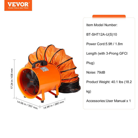 Industrial Portable Air Mover Blower Fan 12 Inch VEVOR 3198 CFM 585W With 33ft Flexible Duct For Ventilation Exhaust Smoke Odor Removal ETL Certified Durable Steel Orange, side view.