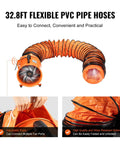 Industrial Portable Air Mover Blower Fan 12 Inch VEVOR 3198 CFM 585W With 33ft Flexible Duct attached, orange steel construction