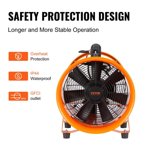 Front view of Industrial Portable Air Mover Blower Fan 12 Inch VEVOR 3198 CFM 585W with safety protection features.