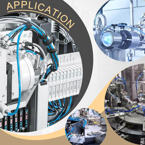 Industrial machines with connected blue air hoses, showcasing application of Brass DOT Air Line Fittings Kit 23 Piece Set.