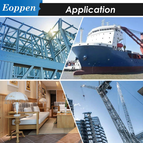Applications of Eoppen products in construction, shipping, engineering, and home settings shown in a collage format.