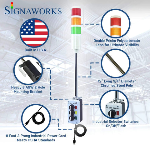Three Stack LED Andon Tower Light With Red Amber Green Signals Eight Foot Industrial Power Cord Plug And Play Ready Indoor Rated OSHA Compliant Three Switches For On Off Flash Pole And Light Assembly Made In USA, front view