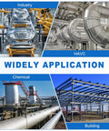 Industrial and chemical applications featuring automotive assembly, HVAC systems, chemical plant, and building framework.
