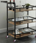 Serving cart with drinks on wooden shelves, black frame, and 2 Inch Threaded Stem Casters Set Of 4 Heavy Duty Polyurethane Industrial Castors Wheels.