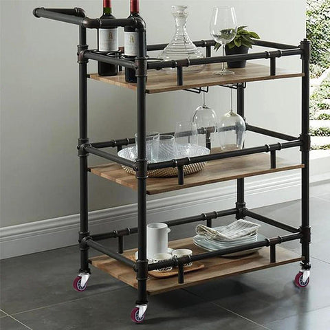 Serving cart with drinks on wooden shelves, black frame, and 2 Inch Threaded Stem Casters Set Of 4 Heavy Duty Polyurethane Industrial Castors Wheels.