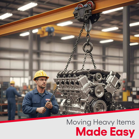 Beam Trolley With Side Guide Rollers. Heavy Duty 3/4 Ton 1,500 Pounds Capacity. Industrial Grade Conveyor Trolley for I-Beams in use