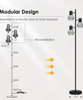 Industrial Floor Lamp With 3 Adjustable Cage Heads And Independent Control Black Standing Lamp For Living Room And Bedroom Rustic Farmhouse Style E26 Sockets Bulbs Not Included shown with assembly instructions.