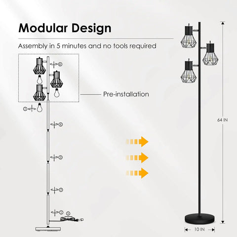 Industrial Floor Lamp With 3 Adjustable Cage Heads And Independent Control Black Standing Lamp For Living Room And Bedroom Rustic Farmhouse Style E26 Sockets Bulbs Not Included shown with assembly instructions.