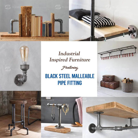 Collage of DIY Vintage Industrial Furniture Shelving Projects using 1 Inch Black Pipe Kit 5 Pack 72 Inch Length Threaded Malleable Steel Pipes