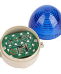 Industrial 110V Blue LED Warning Light Signal Tower Lamp with open plastic housing showing circuit board inside. Nxtop N3072B.