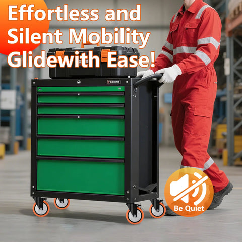 Person moving tool cart with 6 Inch Industrial Brake Caster Heavy Duty Wheel With 4000 Lb Load Capacity No Noise Polyurethane On Steel Hub