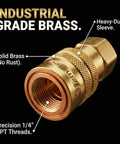 Close-up of a solid brass 1/4 NPT quick connect fitting from the 15-Piece Air Compressor Fittings Kit With 1/4 NPT Quick Connects.