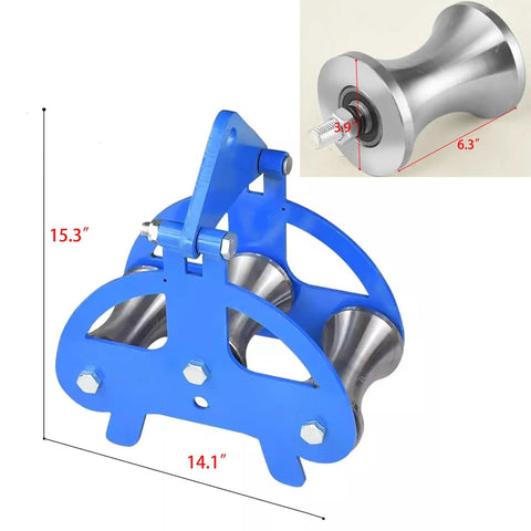 Industrial Cable Pulley Sheave with Anchor Shackle for Large Scale Laying, Heavy Duty Steel, with dimensions and close-up inset