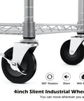 Built Tough 990 Lb Capacity Heavy Duty Rolling Utility Cart For Kitchen And Restaurant NSF Commercial Grade Metal Trolley With Wheels Handle Bar And Shelf Liner Anti Rust Chrome Finish For Easy Serving And Storage close-up of silent industrial wheels with brake