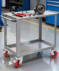 Metal cart with Heavy Duty 5 Inch Caster Wheels Set Of 4 with Polyurethane Surface TPE Casters and Swivel Brake Plate, tools on top.