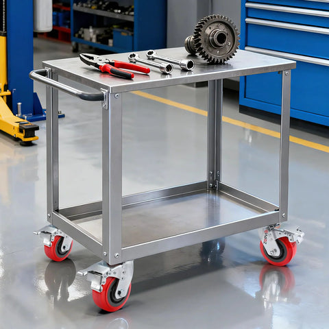 Metal cart with Heavy Duty 5 Inch Caster Wheels Set Of 4 with Polyurethane Surface TPE Casters and Swivel Brake Plate, tools on top.