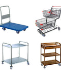 Various industrial carts with heavy duty 5 inch caster wheels set of four non marking premium commercial grade with two rigid and two swivel brakes