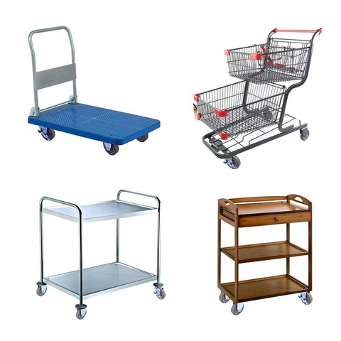 Various industrial carts with heavy duty 5 inch caster wheels set of four non marking premium commercial grade with two rigid and two swivel brakes
