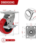 Heavy Duty Industrial Casters 5x2 Inches With Polyurethane On Polyolefin Core Wheel, High Load Capacity Up To 4000 Lbs, Set Of 4 With Four Brakes, Ideal For Platform Trucks, Industrial Equipment And Mobile Carts front view with dimensions