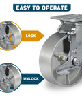 Heavy Duty Industrial Casters 6 By 2 Inch Rigid And Brake Wheels With Roller Bearing Semi Steel Cast Iron Wheels For Heavy Loads 5000 Lbs Capacity Per Set Of 4 Durable Construction For Warehouses, Workshops And Equipment with lock and unlock feature.