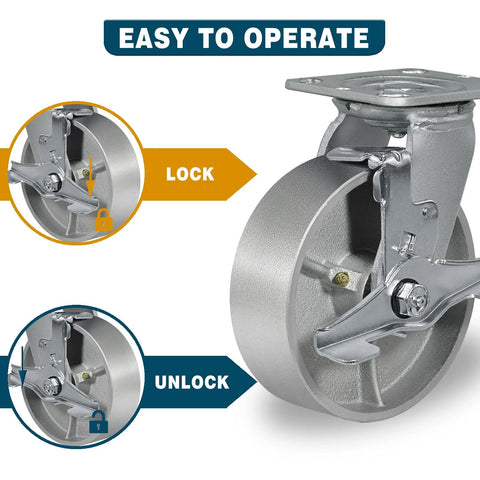 Heavy Duty Industrial Casters 6 By 2 Inch Rigid And Brake Wheels With Roller Bearing Semi Steel Cast Iron Wheels For Heavy Loads 5000 Lbs Capacity Per Set Of 4 Durable Construction For Warehouses, Workshops And Equipment with lock and unlock feature.