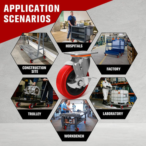 Image of an industrial grade 6x2 polyurethane caster shown with various application scenarios including hospitals, factories, and trolleys.