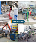 Four industrial scenes showcasing heavy duty industrial casters 6 by 2 inch rigid and brake wheels in use in workshops and factories.