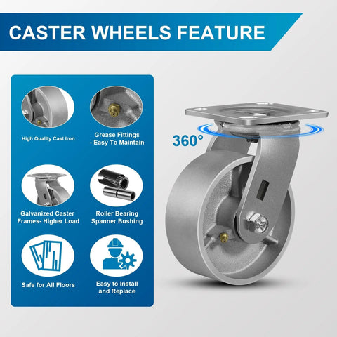 Industrial 5 By 2 Inch Heavy Duty Casters Set Of 4 With Cast Iron Hubs And Steel Wheels Up To 4000 Lb Capacity product features