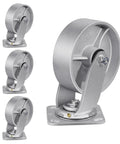 Heavy Duty Industrial Casters 6 x 2 Inch With Cast Iron Wheels And Roller Bearings, Galvanized Steel Hubs, Zinc Plated Yokes, Swivel Set Of 4, 4800 Lbs Capacity, Maintenance Friendly With Zerk Fittings