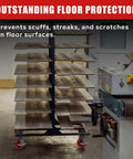 Heavy Duty 6x2 Inch Caster Set Of 4 Industrial Polyurethane Wheels with Pro Tech Tread in use on floor, preventing scuffs.