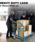 Men using cart with 8 x 2 Inch Heavy Duty Industrial Caster Wheels, thermoplastic rubber, moving boxes in warehouse, shock absorbing quiet design.