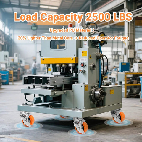 4 inch industrial heavy duty caster wheels set of 4 with polyurethane swivel design on machinery rated for 2500 lbs load capacity.