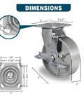 Heavy Duty Industrial Casters 6 By 2 Inch Rigid And Brake Wheels With Roller Bearing Semi Steel Cast Iron Wheels For Heavy Loads 5000 Lbs Capacity Per Set Of 4 Durable Construction For Warehouses, Workshops And Equipment dimensions diagram