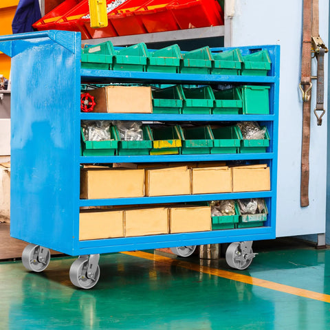 Blue industrial storage cart with green bins on Heavy Duty Industrial Casters 6 x 2 Inch With Cast Iron Wheels And Roller Bearings