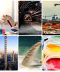 Collage of industrial scenes including chemical lab, tunnel, construction site, refinery, wastewater release, and colored liquids.