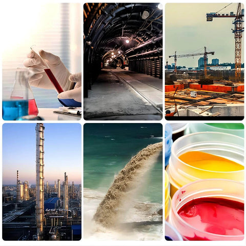 Collage of industrial scenes including chemical lab, tunnel, construction site, refinery, wastewater release, and colored liquids.