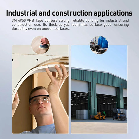 3M 4950 Heavy Duty Double Sided Foam Mounting Tape used in construction applications, bonding surfaces securely.