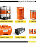 Image showing applicable items for Spill Containment Tray including bulk container, oil drum, paint pail, chemical barrel, battery, oil can.