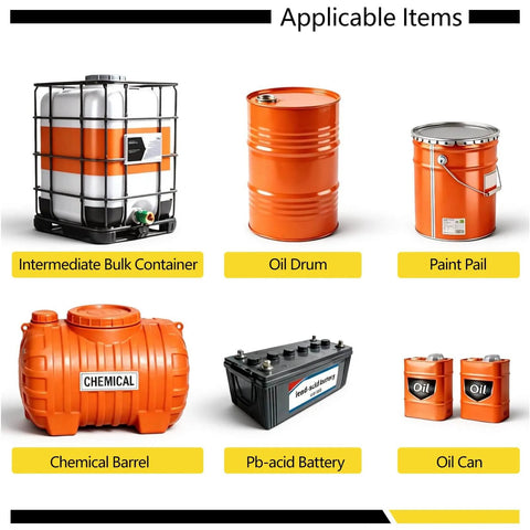 Image showing applicable items for Spill Containment Tray including bulk container, oil drum, paint pail, chemical barrel, battery, oil can.