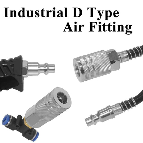 Industrial D type air fittings with metal construction and quick-connect design for heavy duty air blow gun kit use.
