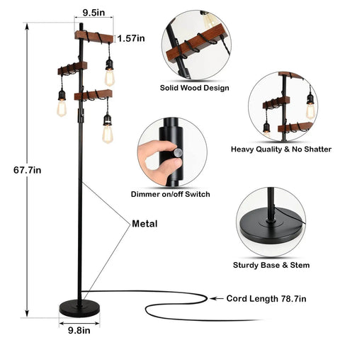Industrial Dimmable Floor Lamp With 3 Heads 68 Inch Tall Tree Floor Lamp In Black Metal And Wood, height 67.7 in, cord 78.7 in