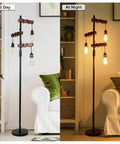 Industrial Dimmable Floor Lamp With 3 Heads 68 Inch Tall Tree Floor Lamp In Black Metal And Wood installed in living room